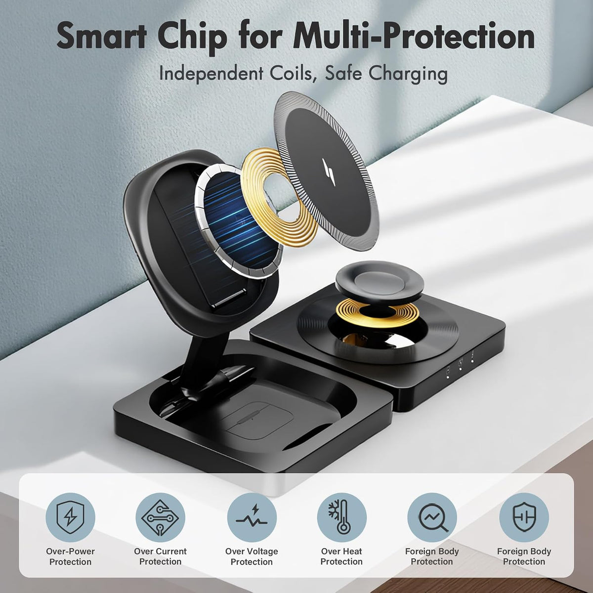 3-in-1 Foldable Magnetic Wireless Charger,15W Fast Charging Pad for Travel