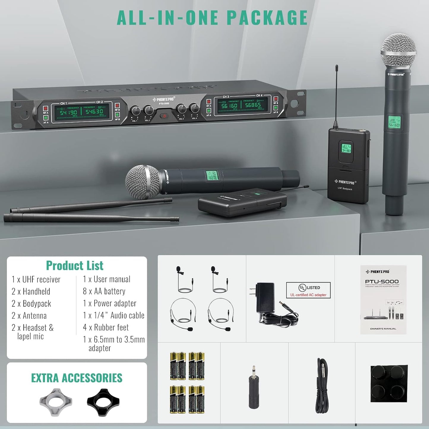 Phenyx Pro Wireless Microphone System PTU-5000-2H2B Bundle with The Customizable Large Size Carrying Case