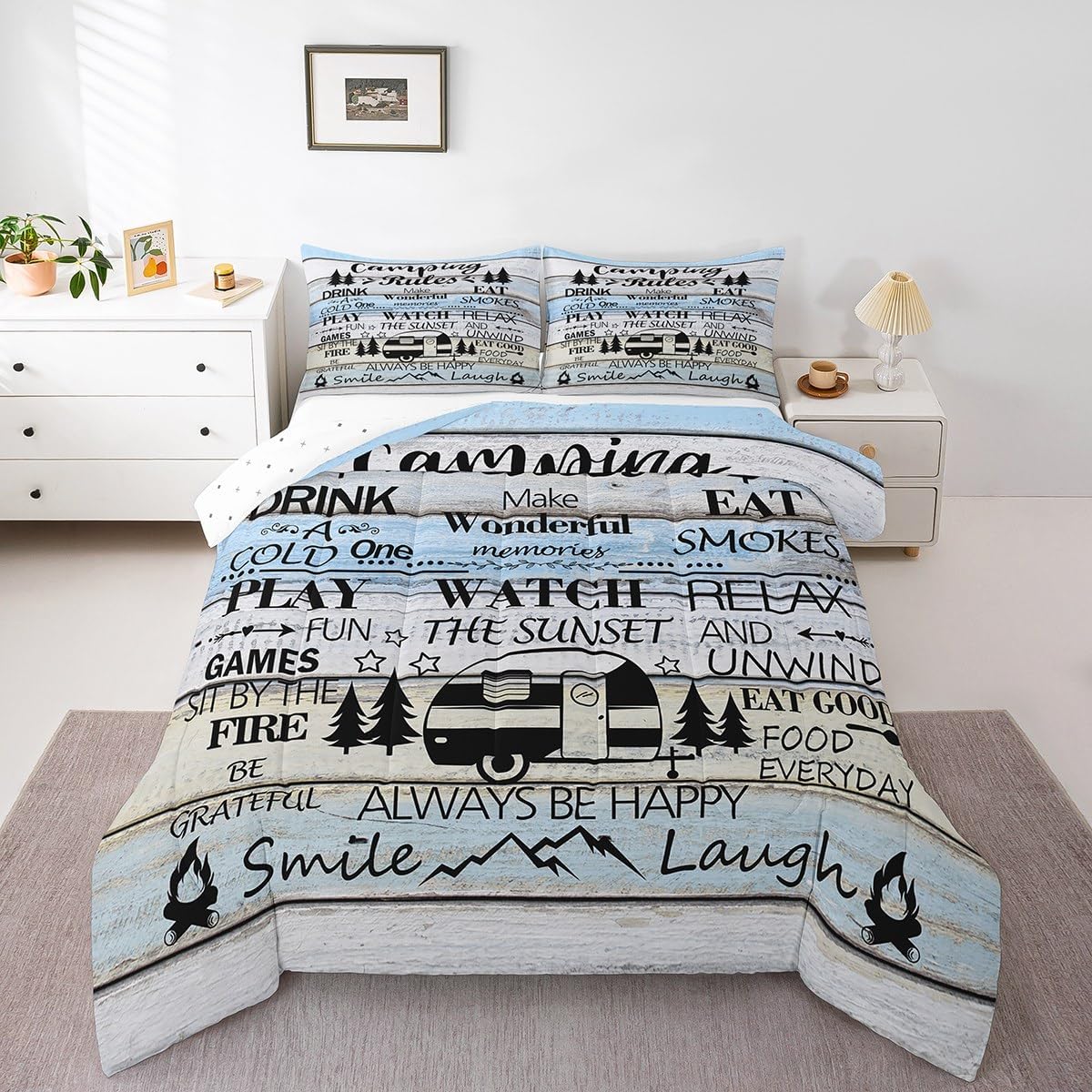 Manfei Rustic Adventure Camper Kids Comforter Set Twin Size,Happy Camping Cabin Lake House Bedding Set,Girls Boys Room Decor,Cottage Wooden Door Quilt Comforter,Country Duvet Insert,1 Pillowcase
