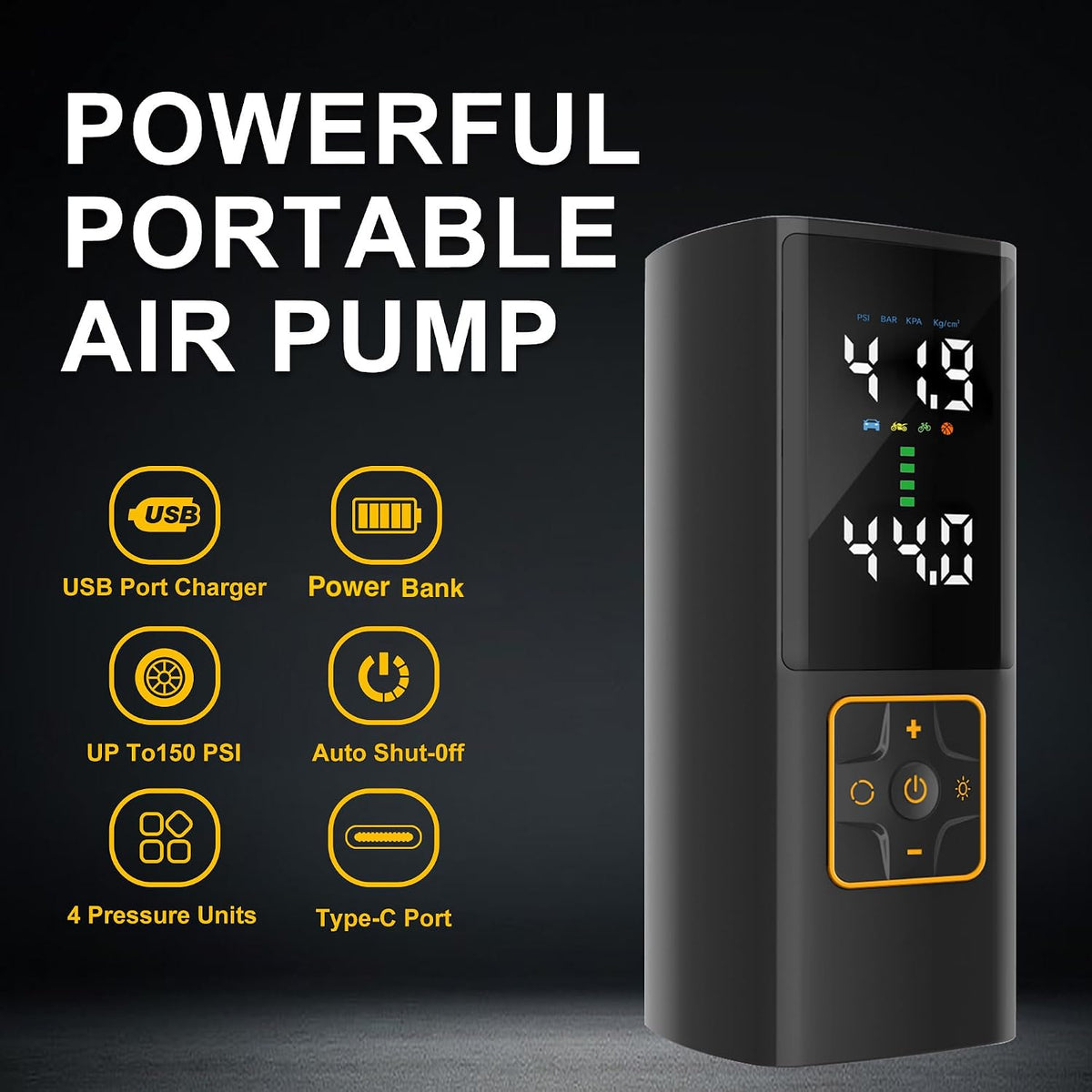 Tire Inflator Portable Air Compressor 150PSI Cordless Air Pump with Color Digital Pressure Gauge 3X Faster Inflation Rechargeable USB-C Power Bank LED Light for Car Motorcycle Bike Ball