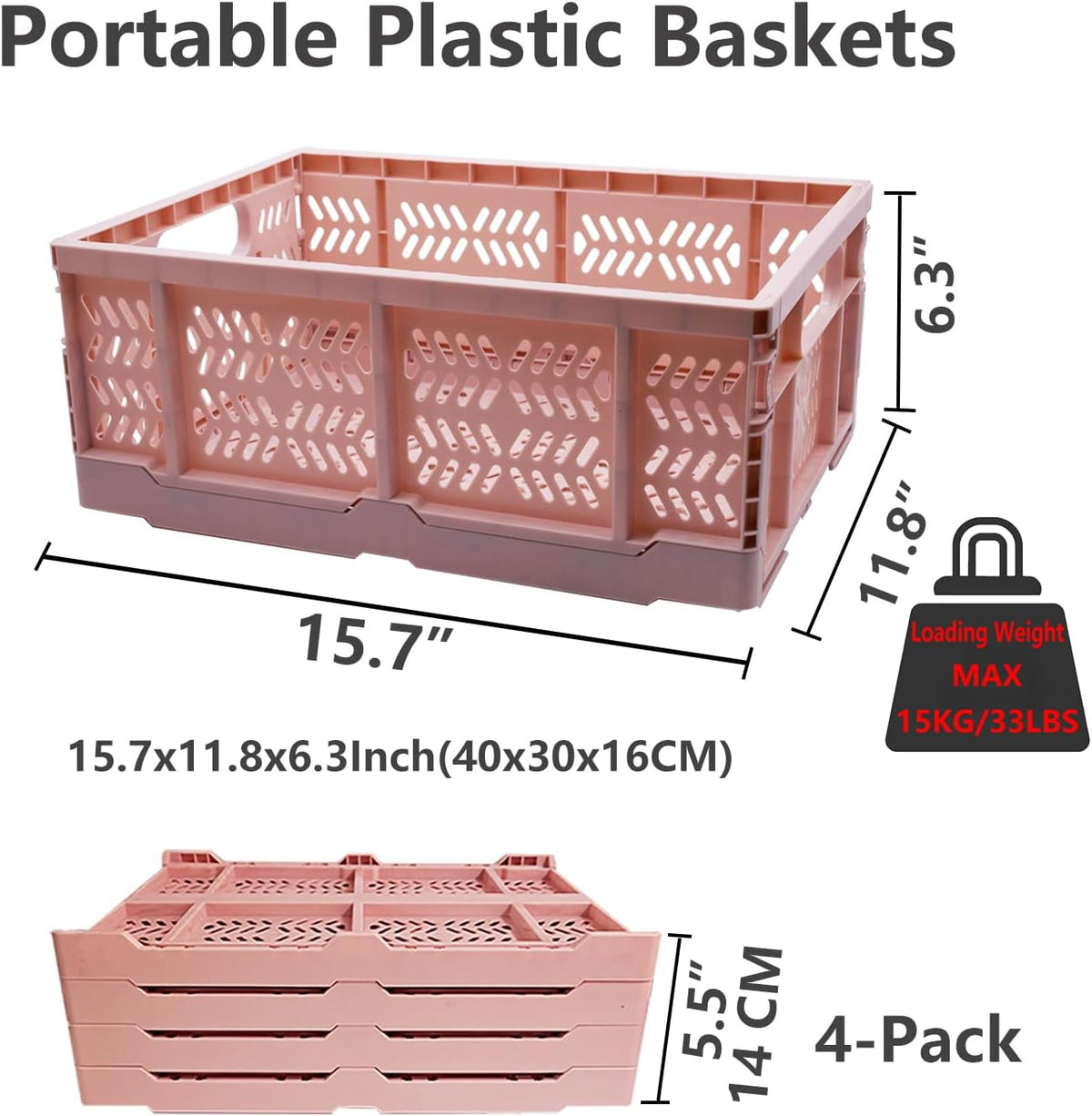 20L Foldable Crates, 4Pcs Plastic Crates Baskets for Home Office Storage.