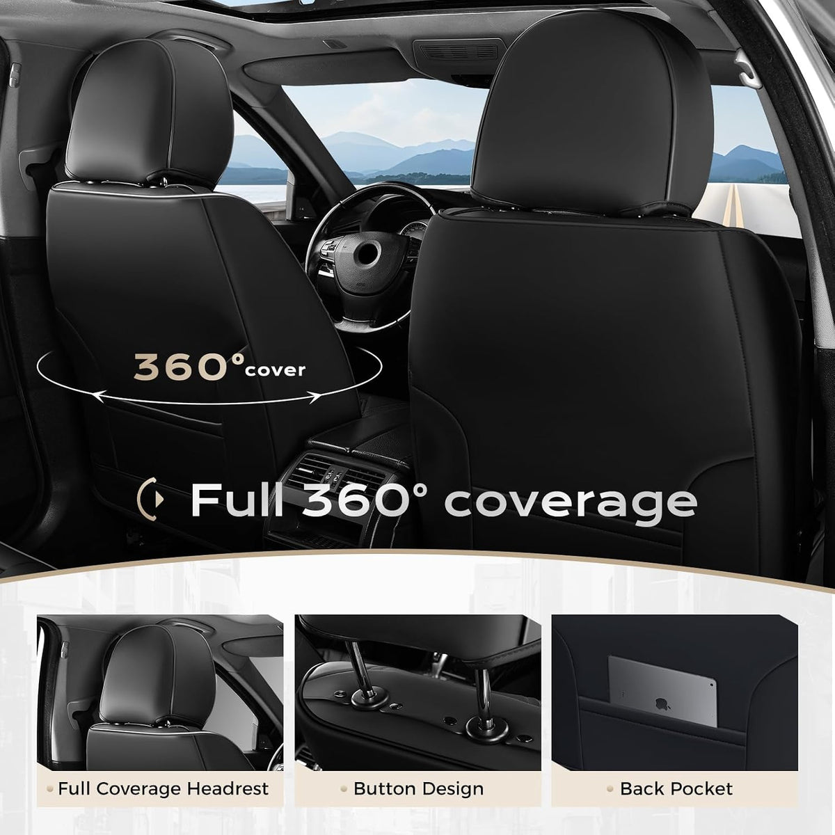 Coverado Car Seat Covers Full Set, Seat Covers for Cars, Front Seat Covers and Back Seat Cover Waterproof Leather Automotive Seat Cover, Universal Car Interior Protectors Cushion for Most Cars