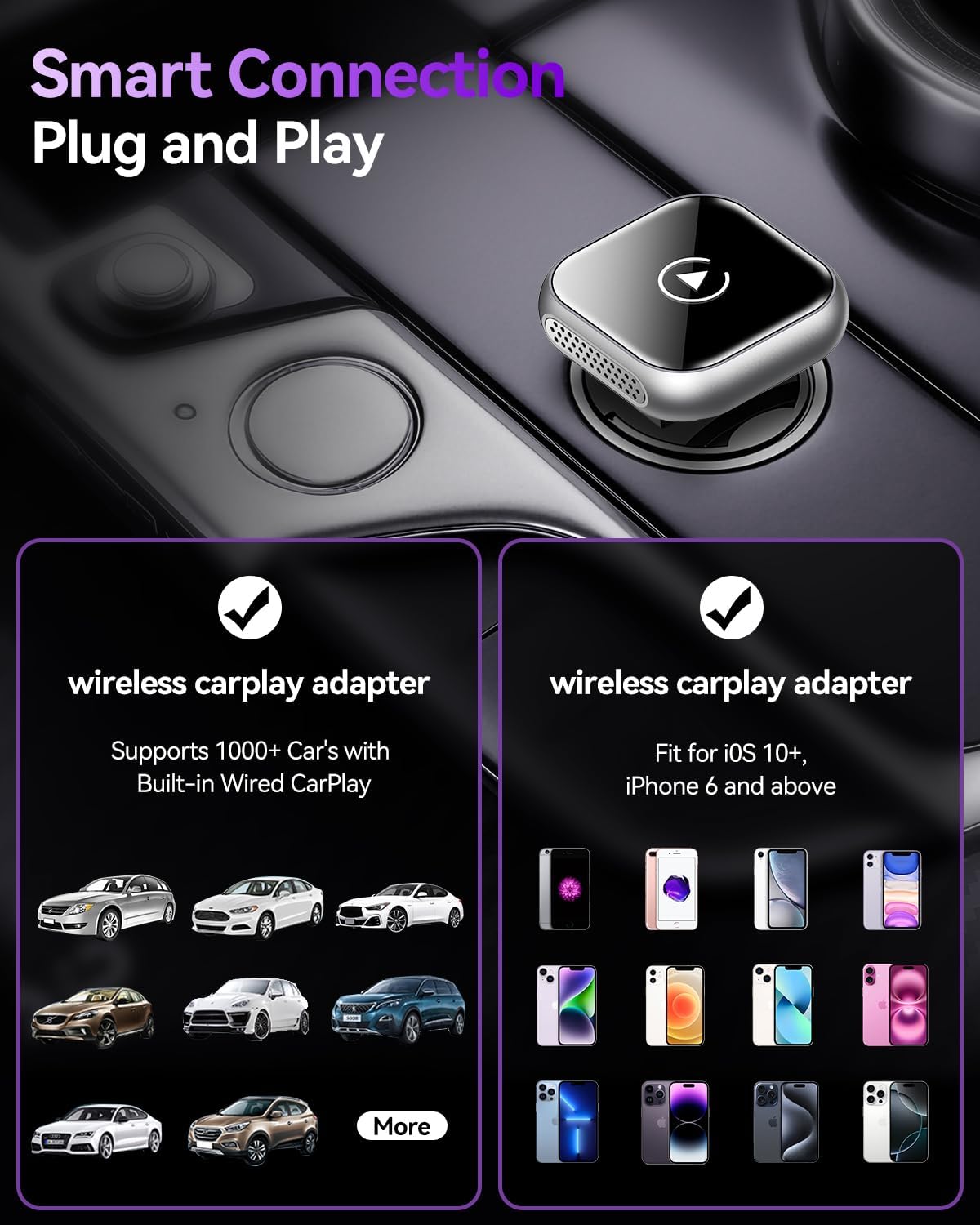 2026 Upgrade Wireless CarPlay Adapter for iPhone, Convert Factory Wired to Wireless CarPlay Dongle, Plug and Play Fast Auto-Connect, Low Latency Car Gadget for 2015+ OEM Wired Cars & iOS 10+