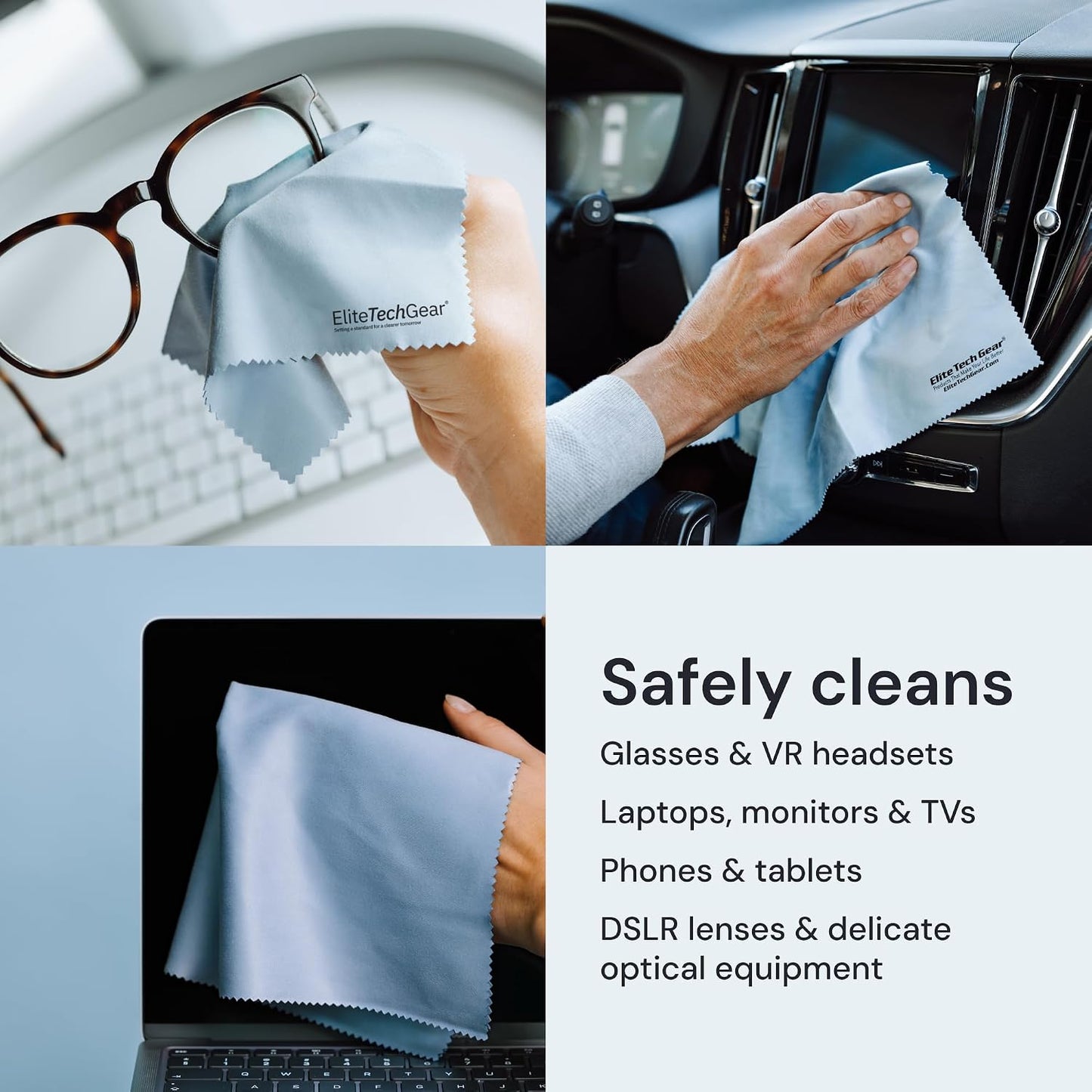 Elite Tech Gear Microfiber Cleaning Cloths for Glasses & Screens, 8-Pack | Blue - Large 12"x12" - Streak-free - Safe for Delicate Lenses - Washable - Clean Glasses, TVs, Phones, DSLR and Coated Lenses