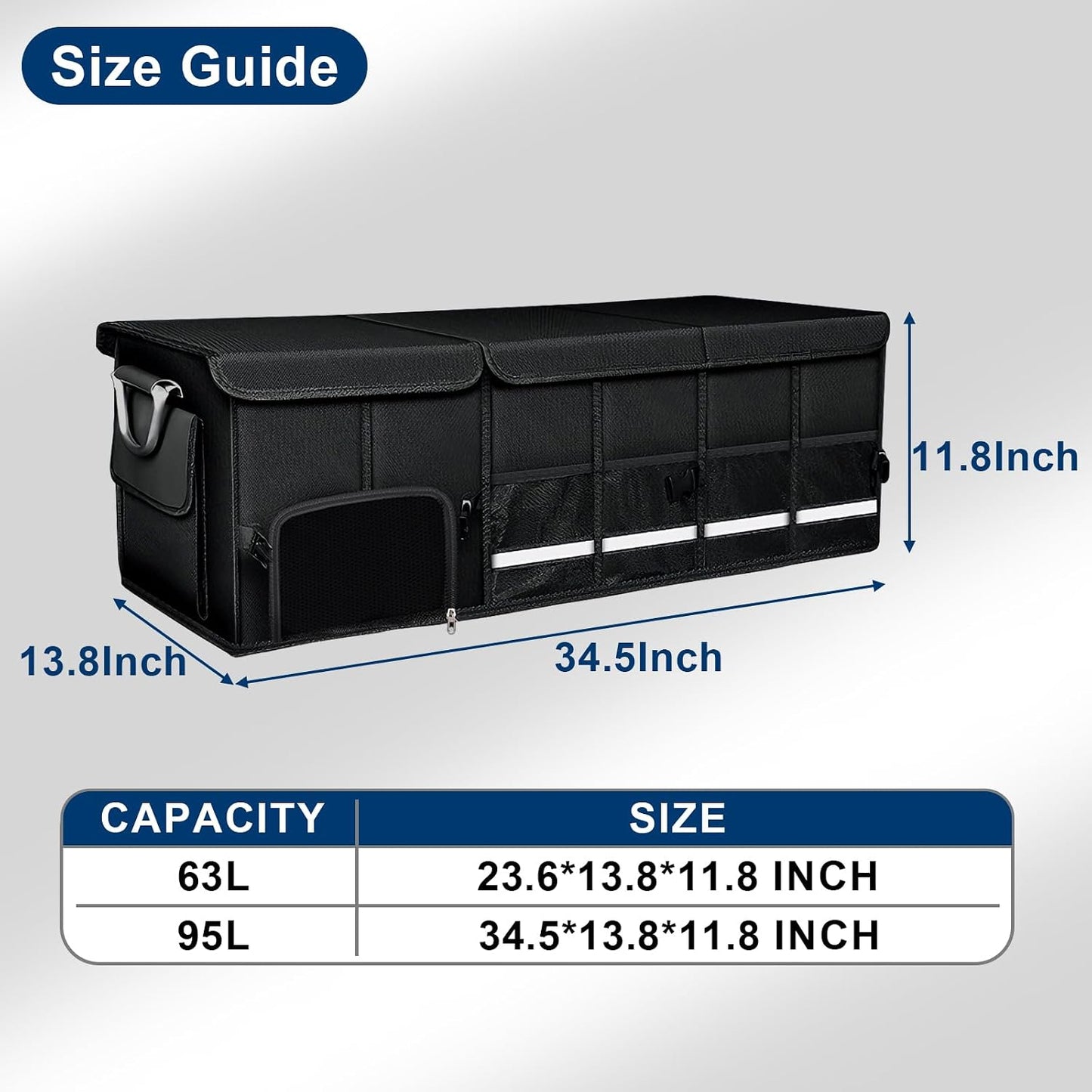Car trunk organizer, Collapsible Multi-Compartments Car trunk Organizer with Shoes Storage Space, Reflective Strip, Perfect for Car & SUV (34.5 * 13.8 * 11.8 INCH)