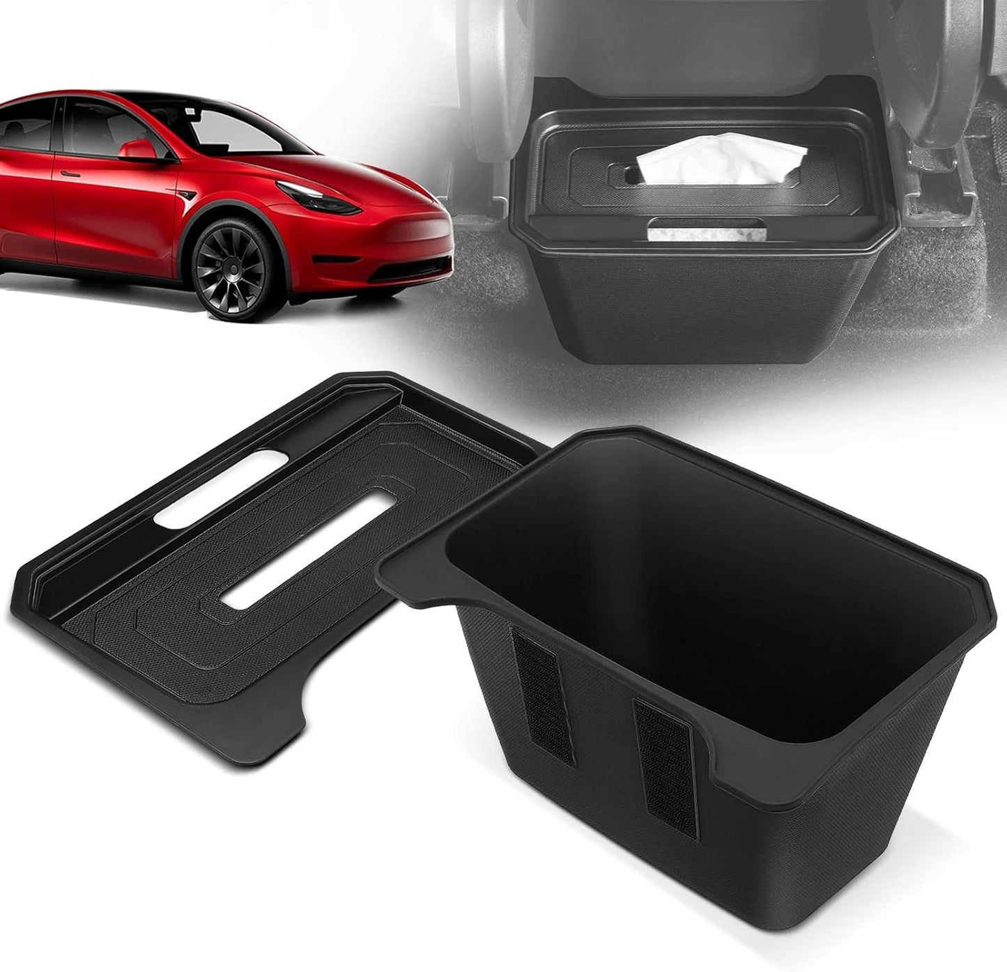 YHTAUTO Rear Center Console Organizer with Lid Fit for Tesla Trash Can Model Y 2020-2026, TPE 2nd Row Center Console Storage Box Tissue Holder Rear Middle Storage Bin