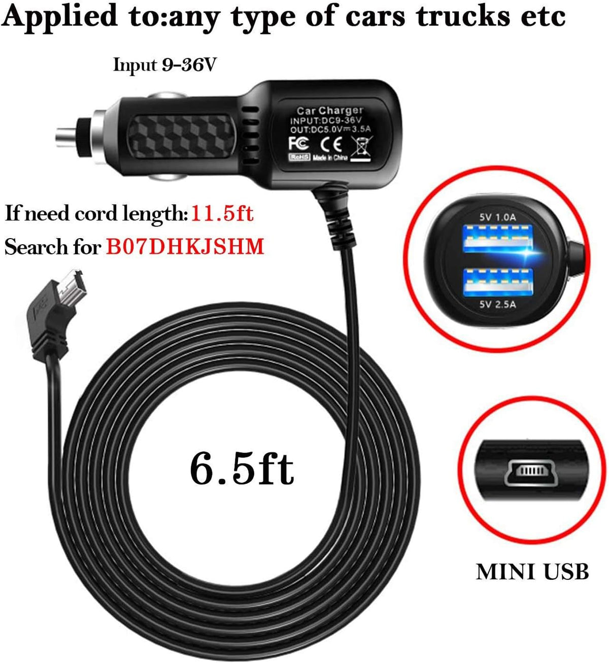 Car Charger for Garmin Nuvi,Garmin GPS Charger Cable,Mini USB Power Cord
