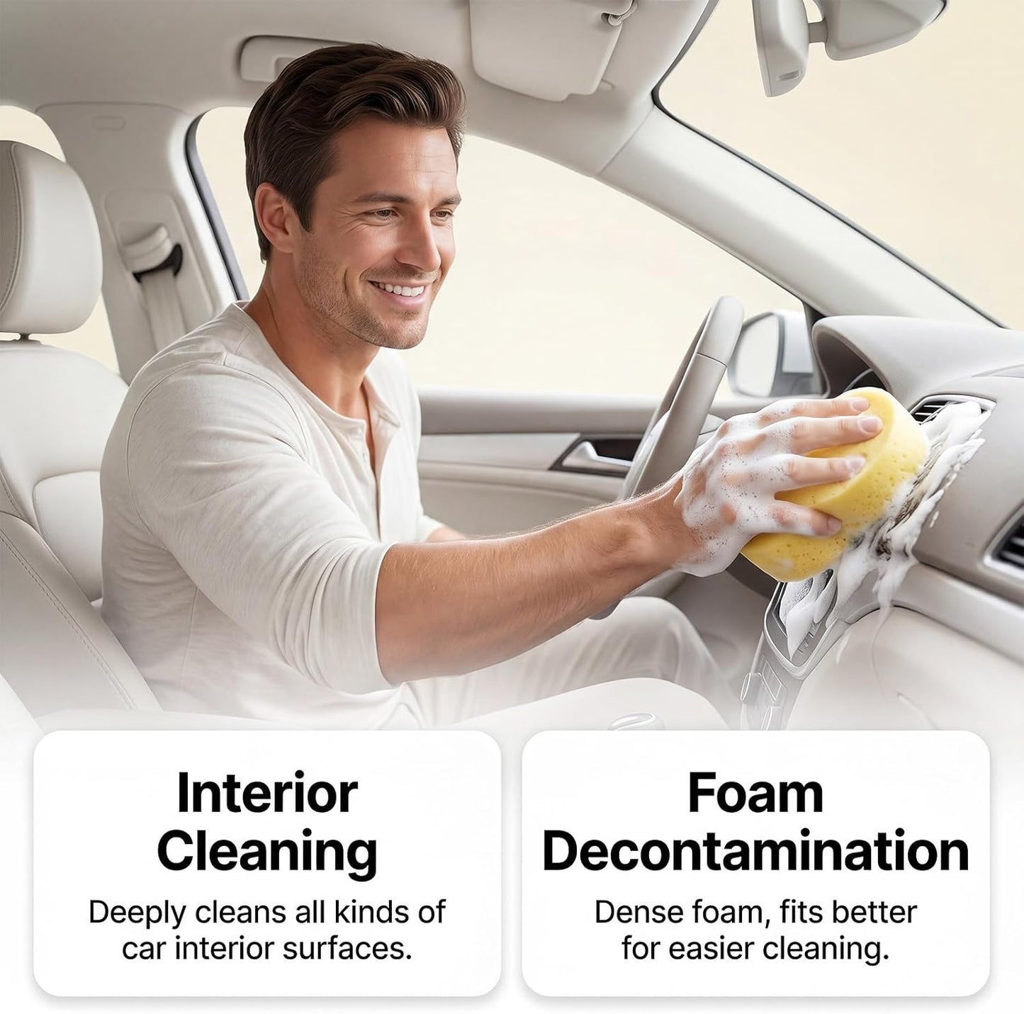 Car Interior Cleaner Foam Kit with Sponge & Towel, Multi Purpose Foam Cleaner for Leather, Fabric, Plastic & Upholstery, Deep Cleaning Car Dashboard Seats Carpet Headliner, Lemon Fresh Scent
