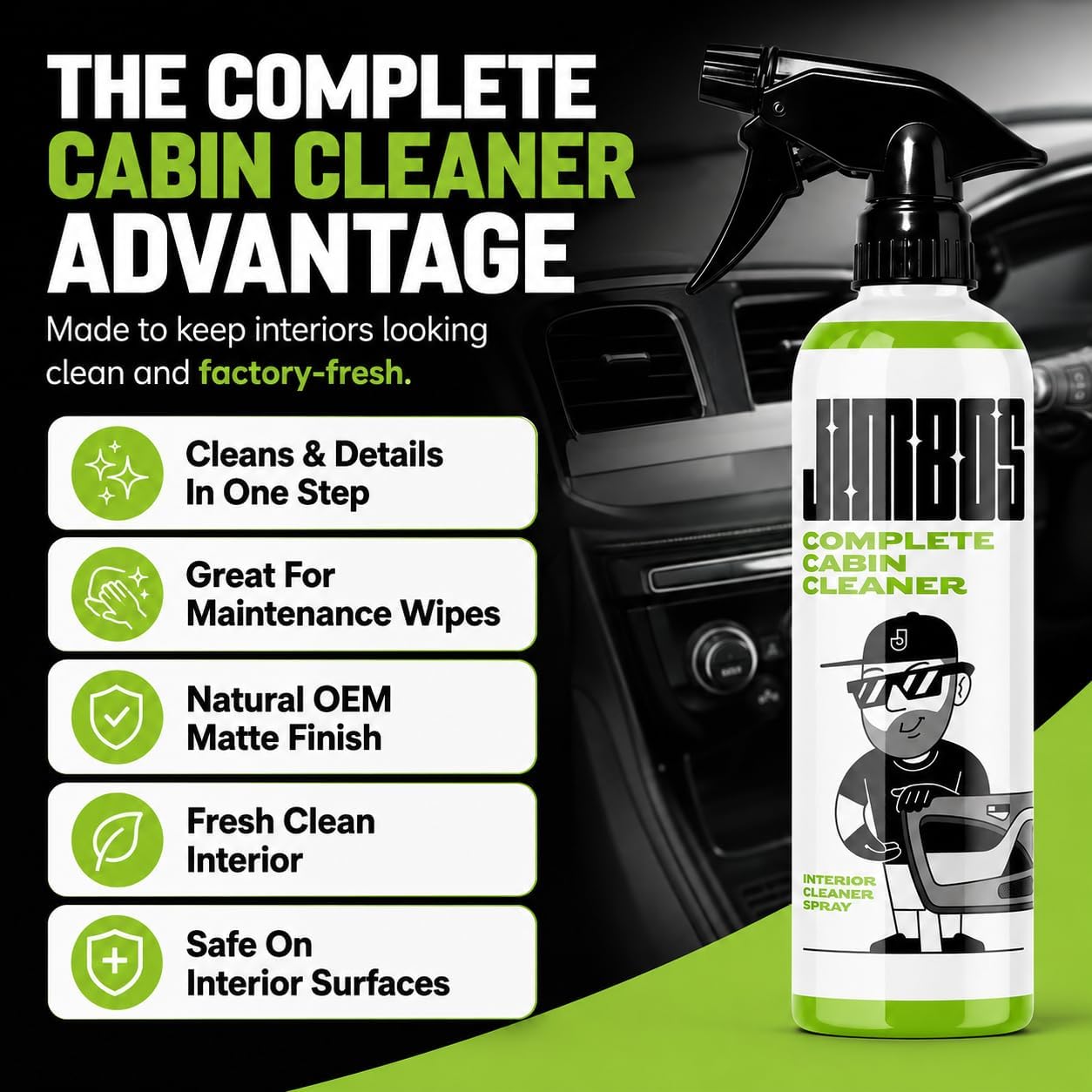 Jimbos COMPLETE CABIN CLEANER– All-in-One Car Interior Cleaner for Leather, Fabric, Carpet, Upholstery, Dash & Vinyl | All-Purpose Detailing Spray | 16oz
