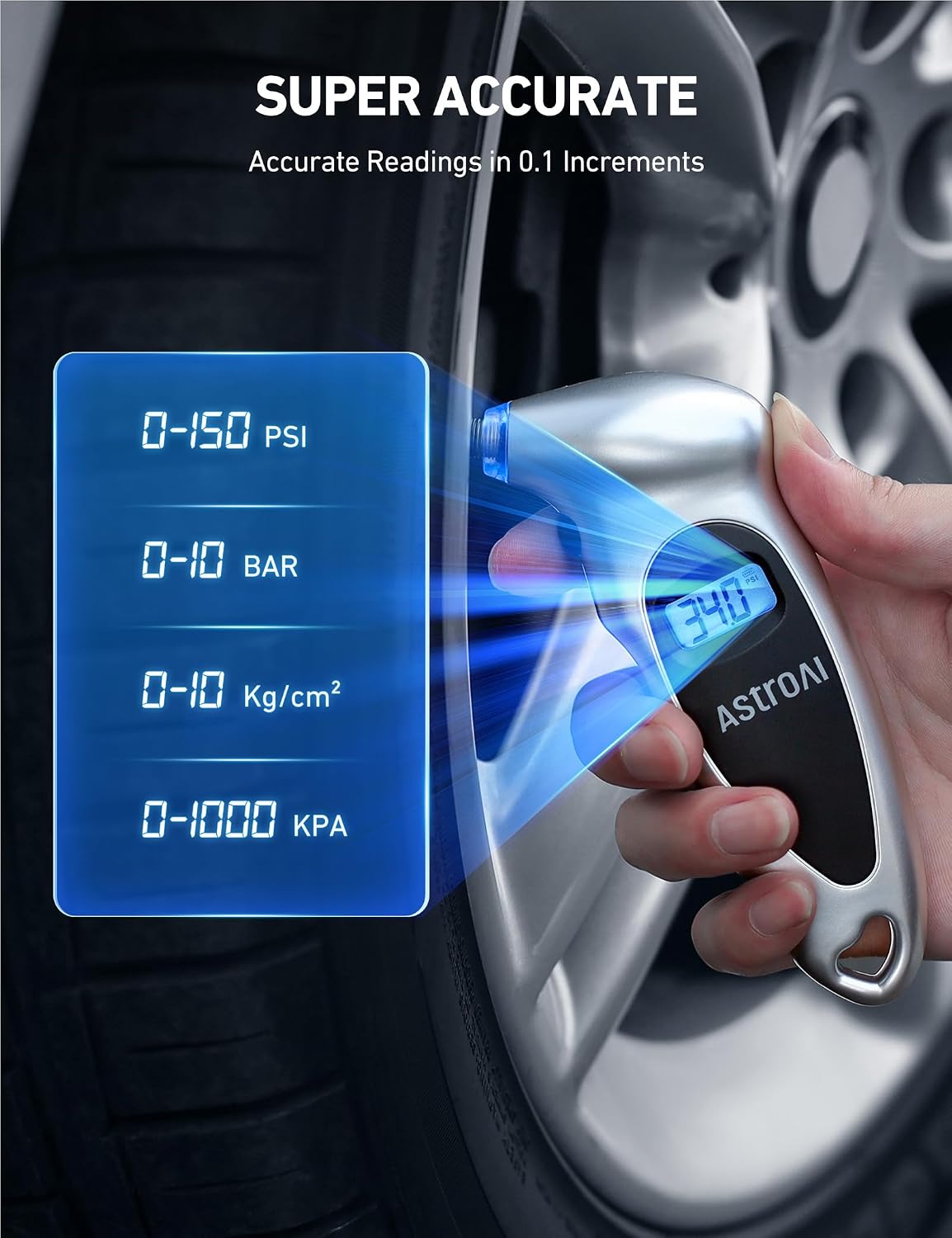 AstroAI Pro Digital Tire Pressure Gauge 3-250PSI ANSI B40.7 Grade 2A (±0.5%), Tire Gauge for Tire Pressure, Solid Brass with Rubber Hose, Air Bleeder Valve and Backlit LED, Car Accessories, Gold