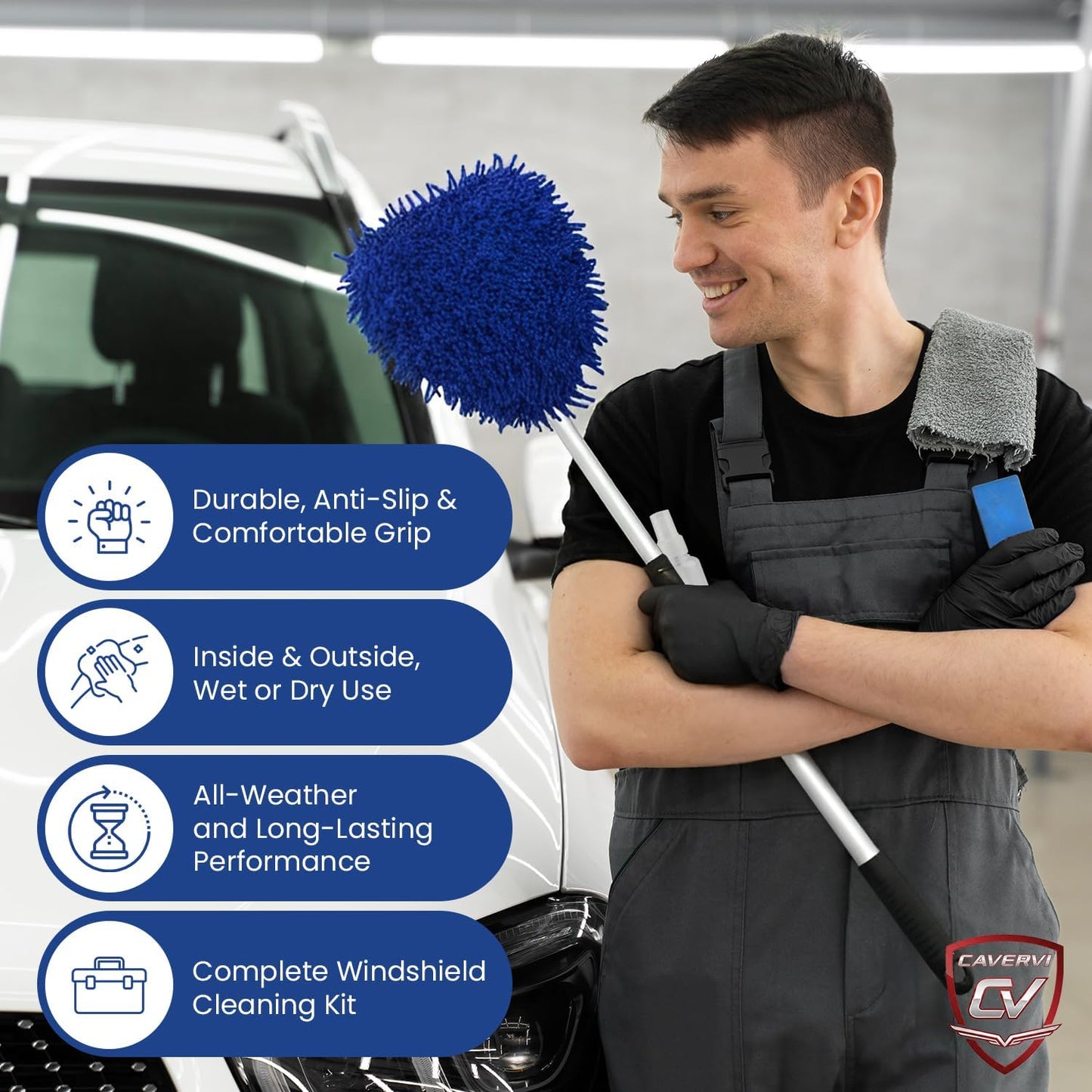 Windshield Cleaner Tool for Inside Car Windows with 6 Microfiber Pads Power Blade Glass Cleaning Kit, Magnetic Reach Handle for Auto Interior, Streak Free Window Supplies