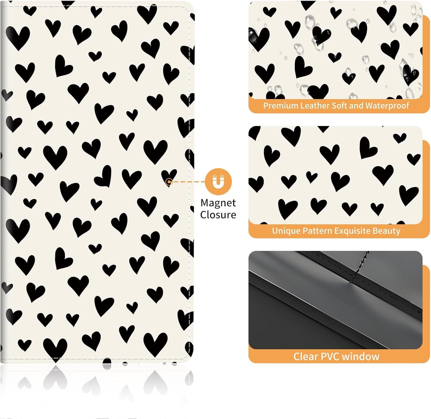 Premium Leather Car Registration and Insurance Card Holder with Magnetic Shut, Cute Vehicle License Document Glove Box Compartment Organizer Cool Car Accessories Beige Black Heart