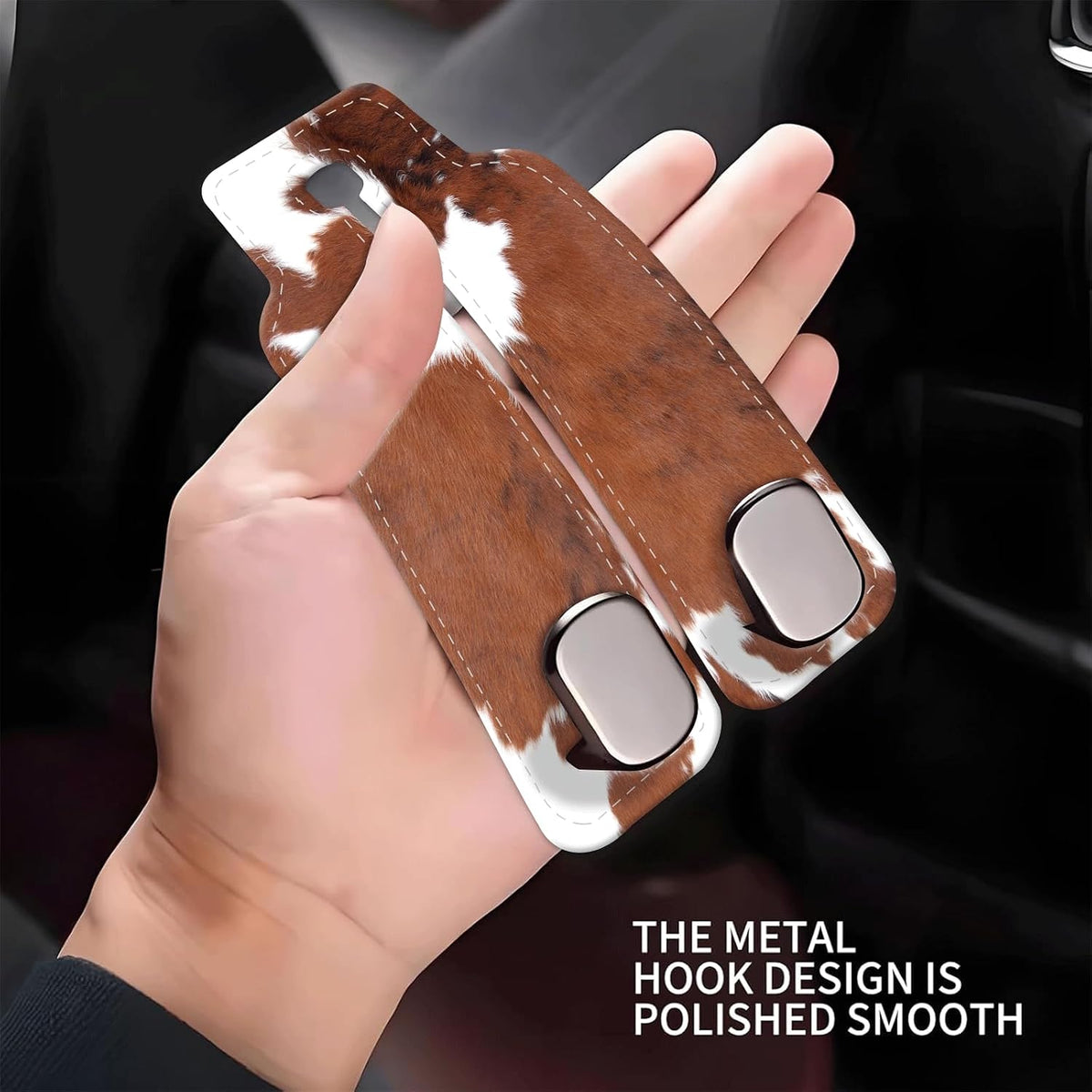 Car Seat Headrest Hook, Universal Leather Cute Hanger Holder Hook, Storage Organizer Interior Accessories for Purse Bags Handbag Brown White Cowhide
