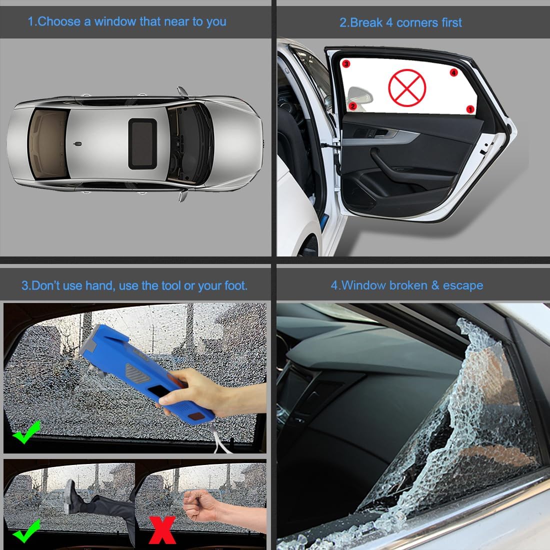 LUXON 8-in-1 Car Emergency Escape Safety Tool Kit:Window Breaker,Seat Belt Cutter,LED Flashlight,Rescue Tool USB Charger,Sire Blink Light, Hand Cranking Charge,Magnetic for Vehicle Escape(Blue)