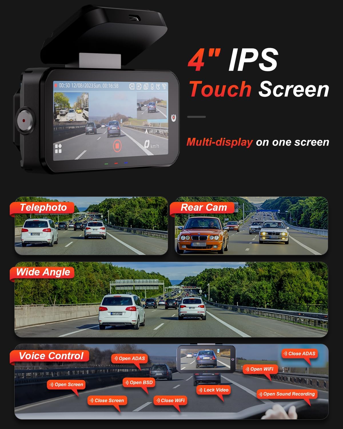 AKEEYO 3-Channel Dash Cam Front and Rear, Industry-First Telephoto Lens for 50M License Plate Capture, 2K Triple Lens Car Camera,5GHz WiFi,AI ADAS & BSD Blind Spot Detection,24H Parking Mode,64GB Card