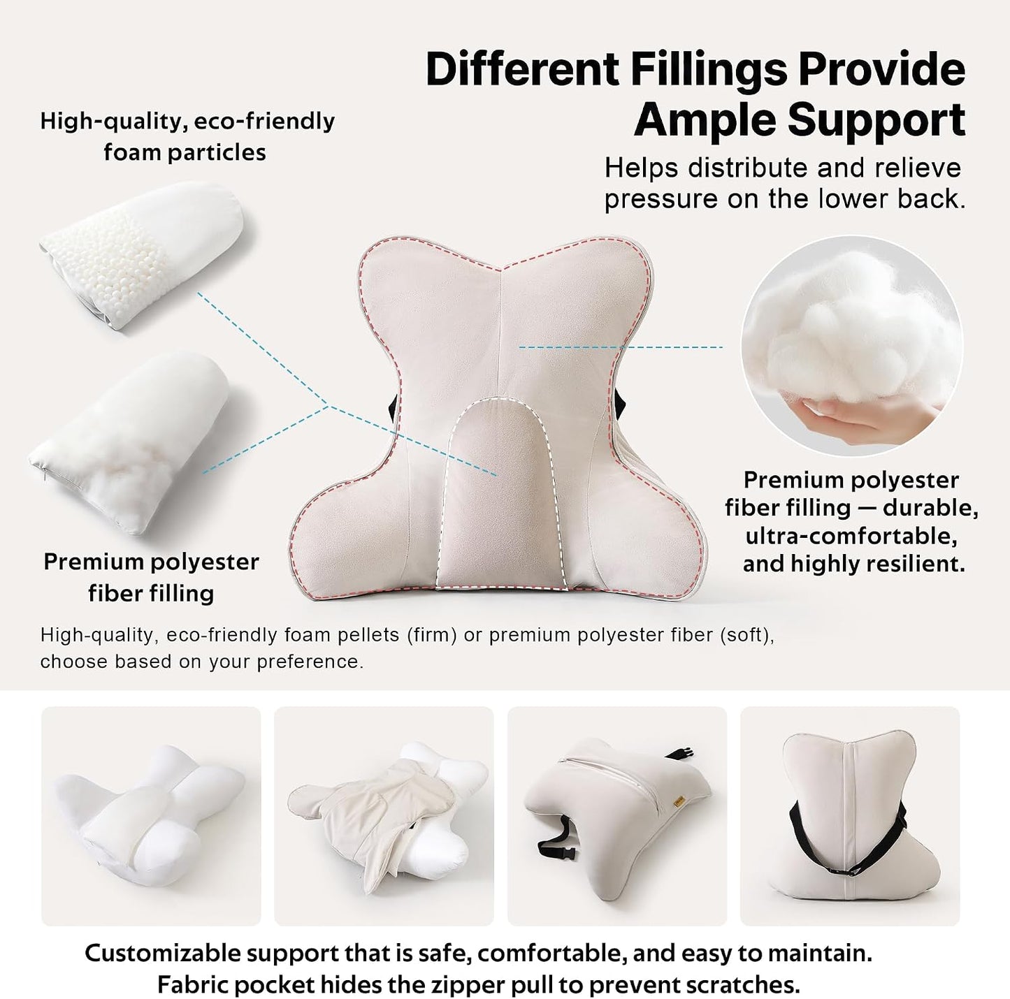 Lumbar Support Pillow(Pat. Pend) – Multi-Functional Ergonomic Back Cushion for Sofa Chair, Car Seat & Sofa, Reading Pillow with Firm Multi-Zone Support to Relieve Lower Back Pain, Misty White
