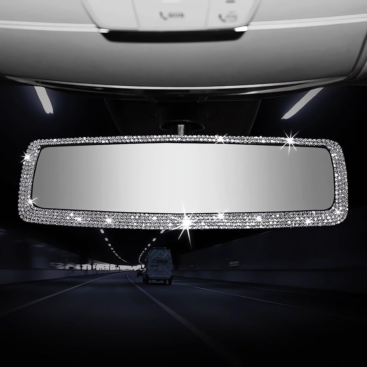Bling Rhinestone Car Rear View Mirror - Crystal Diamond Decor for Women - Stylish Automotive Interior Accessory (Silver)