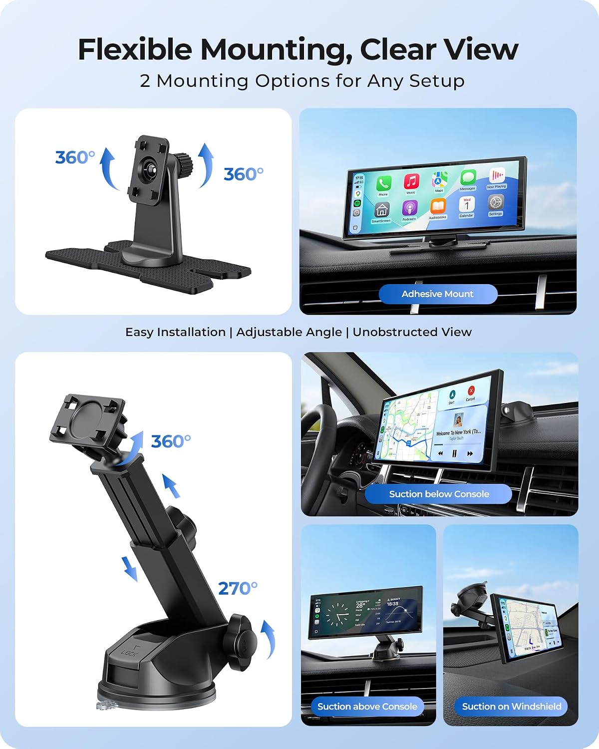 10.26" Wireless Portable 60FPS CarPlay Screen with 4K Front & HD Rear Dual Dash Cam for Apple Car Play & Android Auto 1920*720 Fully Laminated Tablet with Mirror Link, Bluetooth, GPS Navigation
