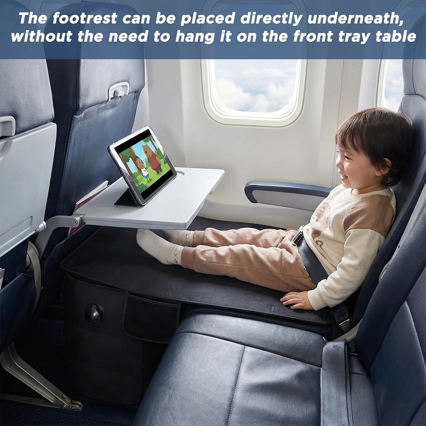 Toddler Airplane Bed | Kids Airplane seat Extender | Easy to Install for ariplane, Train, Cars | Kids Airplane Travel Essentials | Foot Rest Cushion (with Foot Pads)