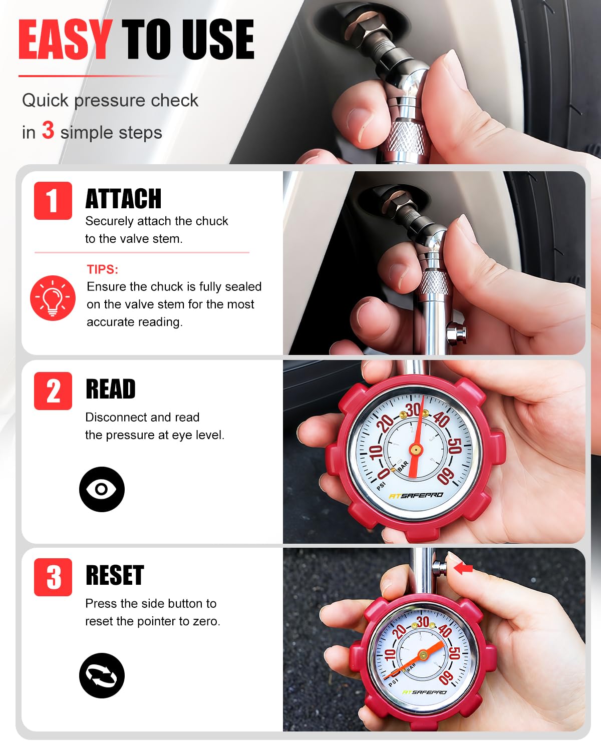 Tire Pressure Gauge 5-60 PSI, Analog 2" Dial, ANSI B40.1,Hold Function