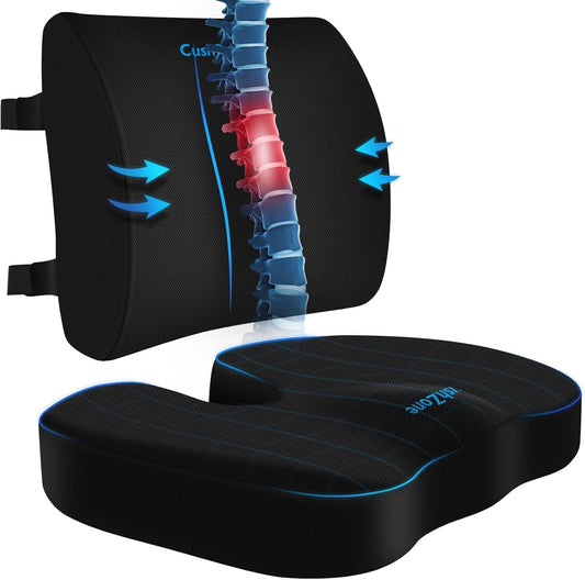 CushZone Ergonomic Seat Cushion & Lumbar Support Pillow - Memory Foam for Sciatica Pain Relief & Posture Correction, Non-Slip Chair Cushions for Office Chair/Car/Wheelchair/Travel (Black)