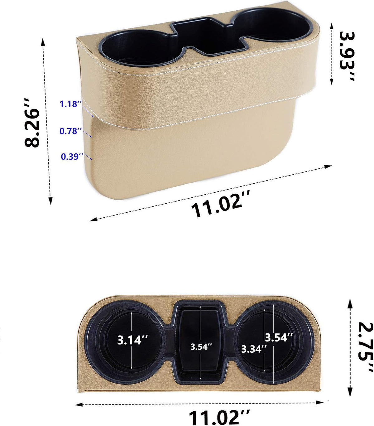 IOKONE Cup Holder for Car, Console Side Pocket, PU Leather Cover, Beige