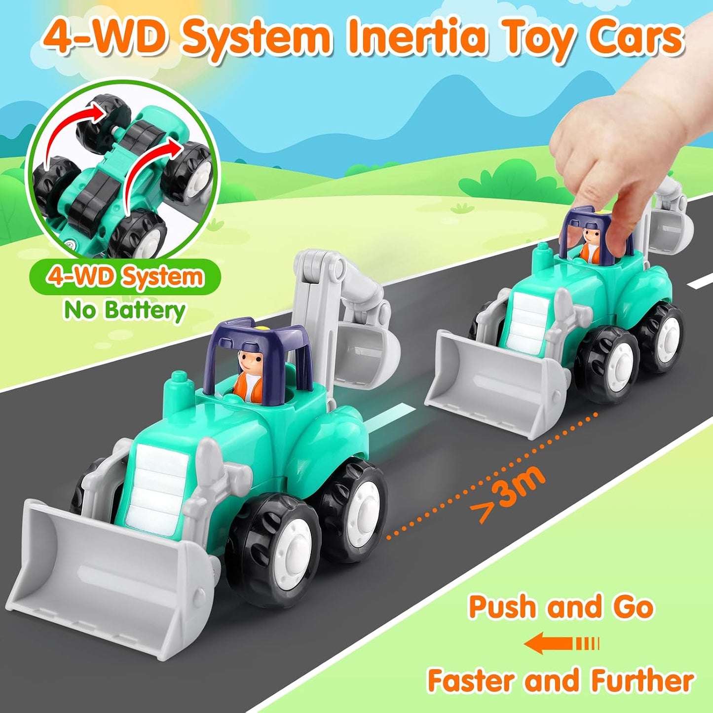 Toddler Toy Car，4PCS Inertia Toy Push and Go Cars，Toys for 2 Year Old Boy | Friction Powered Cars，Birthday & Christmas Gift for Boy and Girl，Construction Truck，Kids Outdoor & Indoor Toys