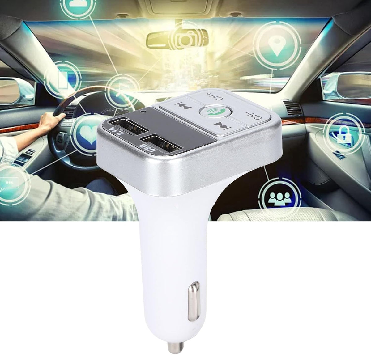 BT 5.0 FM Transmitter Car Kit with Dual USB Charger, Hands Free Calling, Anti Interference Music Streaming, Compatible with iPhone and BT Devices