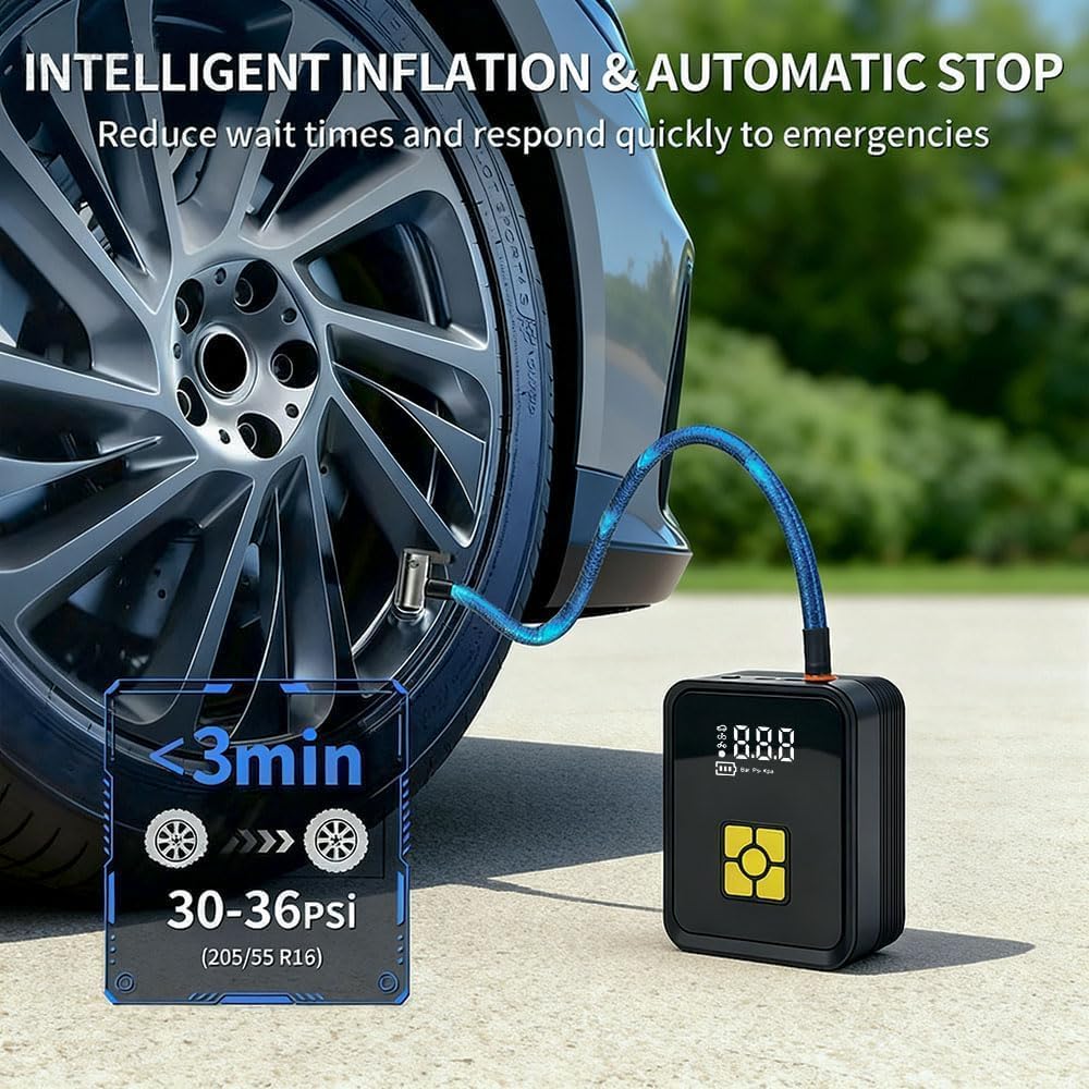 Tire Inflator Portable Air Compressor, Cordless Air Pump with Auto Shut-off for Car, Motorcycle, Bikes, Balls with LED Flashlight & Emergency Power Bank
