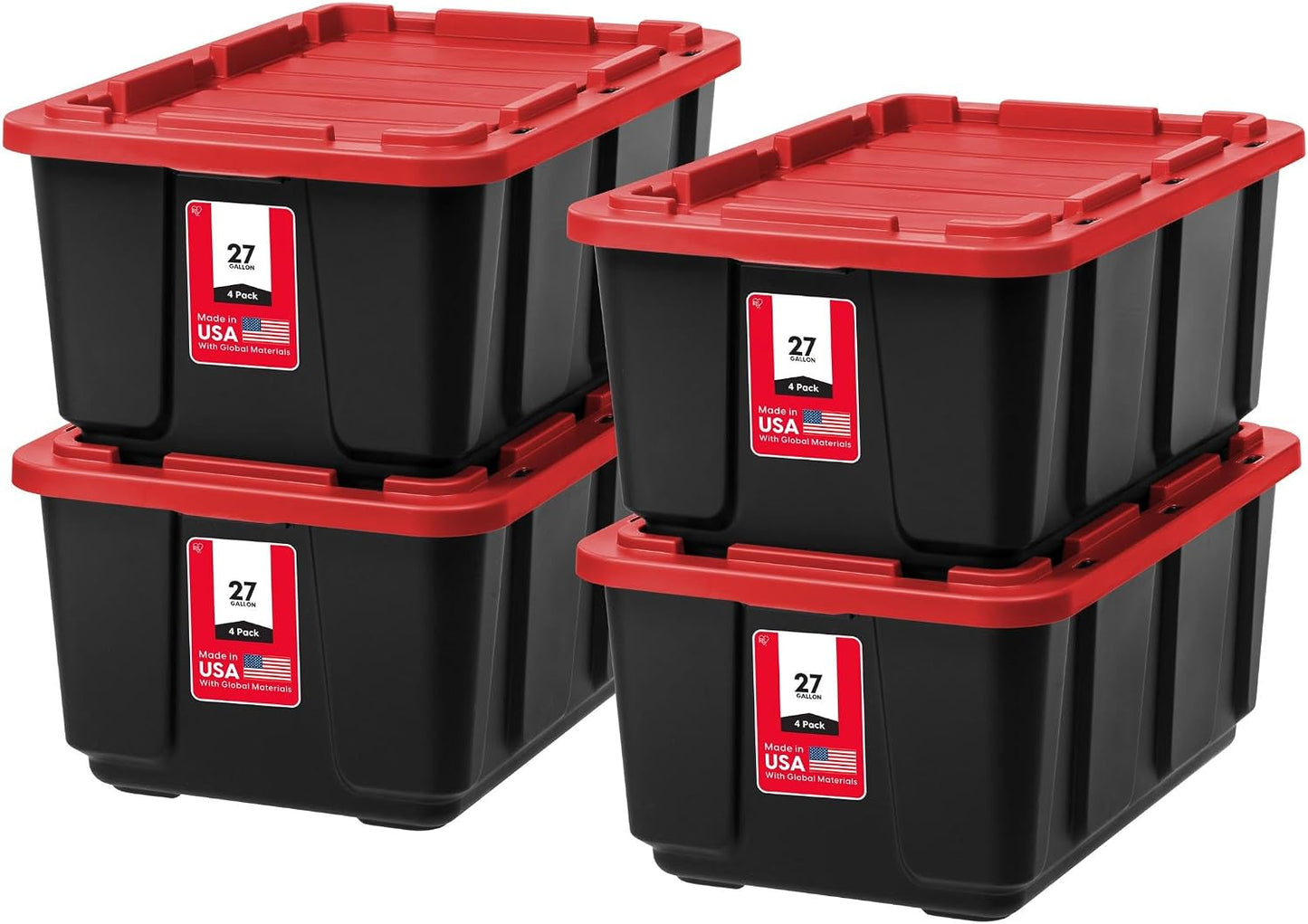 IRIS USA 4-Pack 27 Gallon Storage Bins with Lids |Made in USA| Heavy Duty Plastic Tote Containers for Truckbed Tool Box Organization, Large - Red