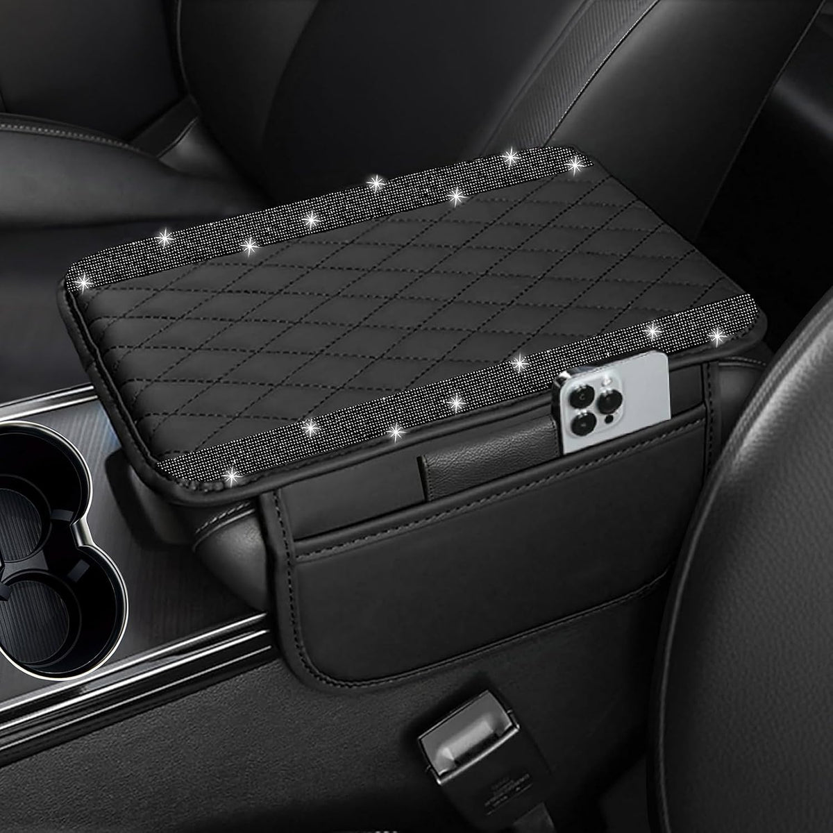 NBTEPEM Bling Car Center Console Cover, Leather Car Arm Rest Cover Cushion with 2 Storage Bags, Middle Console Cover Universal Armrest Protector Pads, Bling Accessories for Most Vehicles (Black)