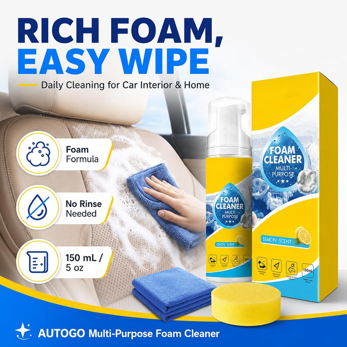 4-in-1 Multi-Enzyme Foam Cleaner 5oz, All Purpose Cleaning Spray and Multi Purpose Foam Cleaner for Kitchen Grease Care, Bathroom Tiles, Car Interior, Sofa Upholstery, Carpet (3PCS)