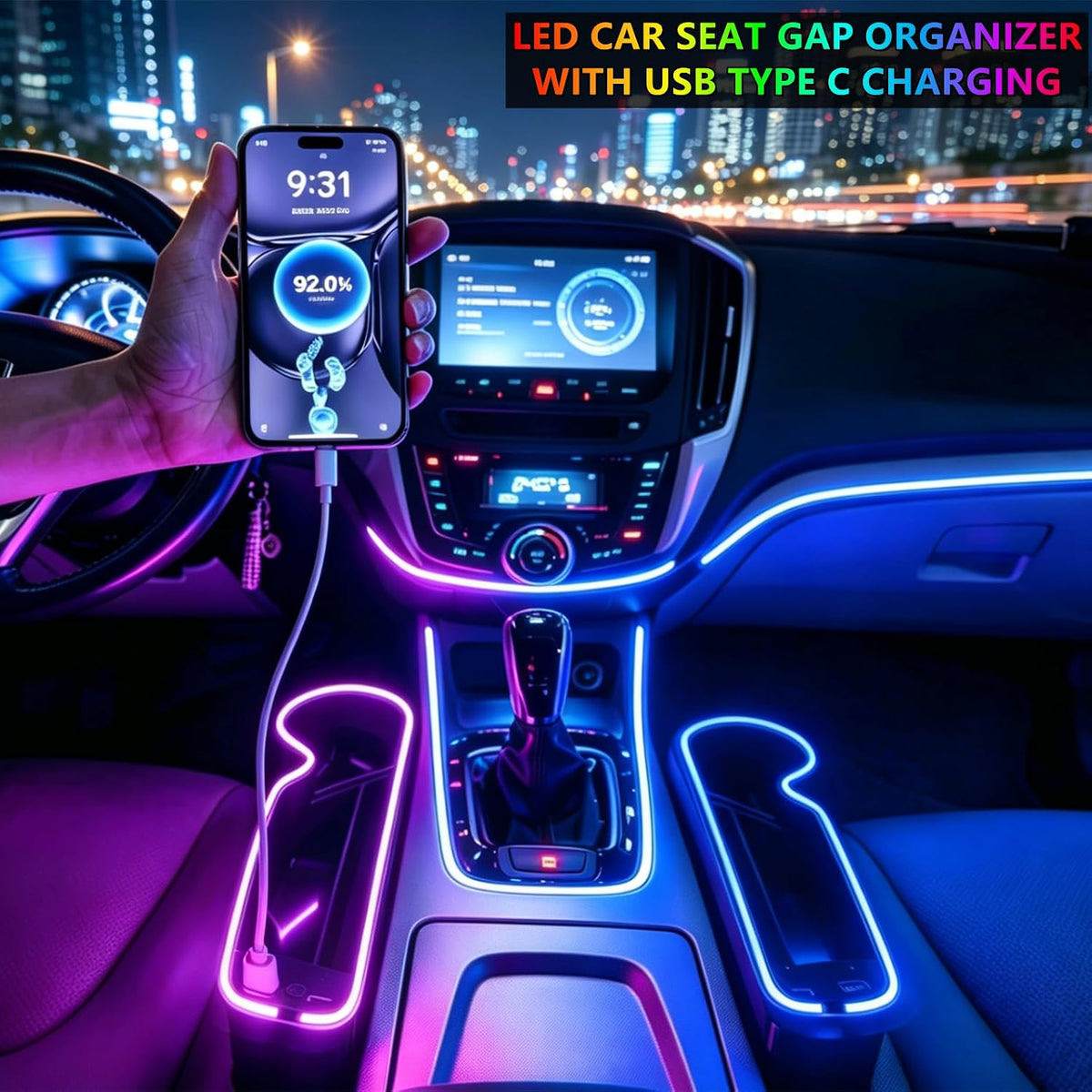 7 Color Led Car Seat Gap Organizer with 56W Cigarette Lighter Adapter,Grey