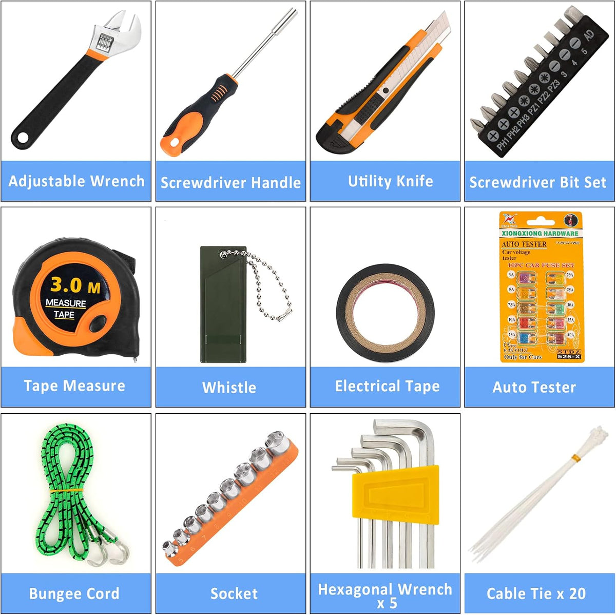 98 PCS Roadside Car Emergency Assistance Kit with Portable Air Compressor Jumper Cables Safety Hammer All in One Pliers Tool Set（Orange）