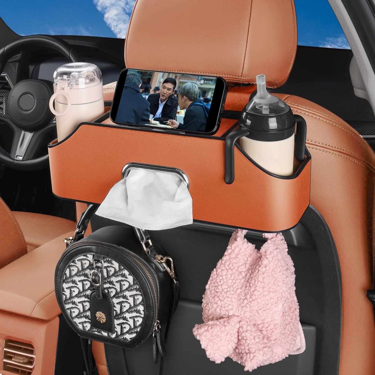 HOLDCY Car Back Seat Organizer with 2 Drink Cup Holder - Tissue Box and Storage Box Hook - Multi-functional Storage - Great for Kids and Travel (Orange)
