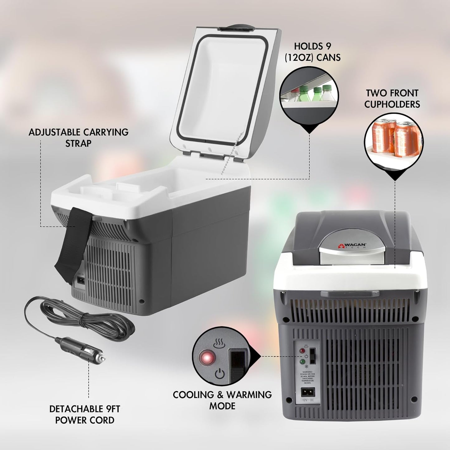 Wagan EL6206 12V 6 Quart Personal Thermoelectric, 6 Liter Capacity, Portable Electric Cooler Warmer with 12/24V DC, Small Fridge for Car, RV, and Camping Use, UL Listed