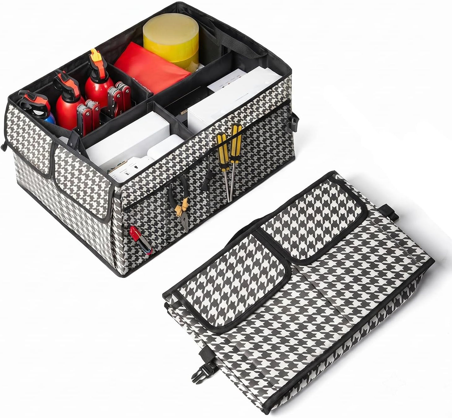 Trunk Organizer for Car Foldable Sturdy Style with 3 Compartments Holds Auto Accessories Tools Automotive Consoles and Organizers For Vehicle Trunk Storage (Black)