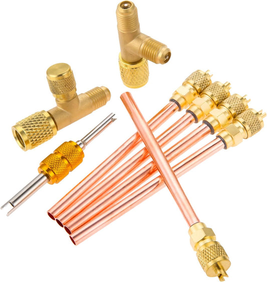 HVAC Service Access Valves Kit 1/4" SAE x 1/4" OD x 2.5" Stem | 1/4 SAE Flare Brass Quick Coupler Adapter, Quick Coupler Access Tee for HVAC Refrigerant System R12 R22 R502 R134A