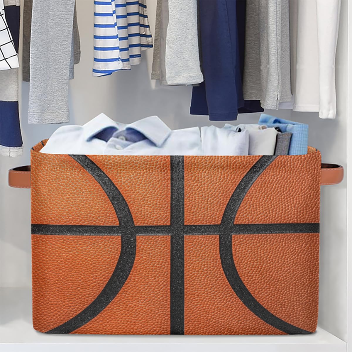 Basketball Texture Storage Baskets for Organizing, Fabric Collapsible Storage Bins Box Sport Pattern Decorative Toy Organizer Baskets for Closet Shelves Gift Basket 1 Pc