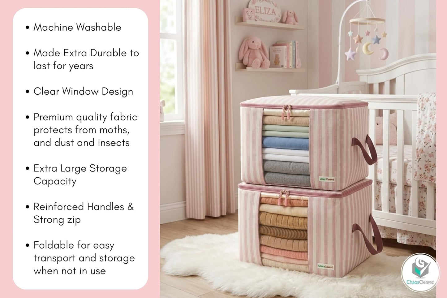 Chaos Cleared Kids Storage Bags – 100% Cotton Canvas Toy & Clothes Organizer with Cute Design – Storage Bin for Stuffed Animals, Baby Items & Clothes with Zipper & Handles (Pink Stripe Print)