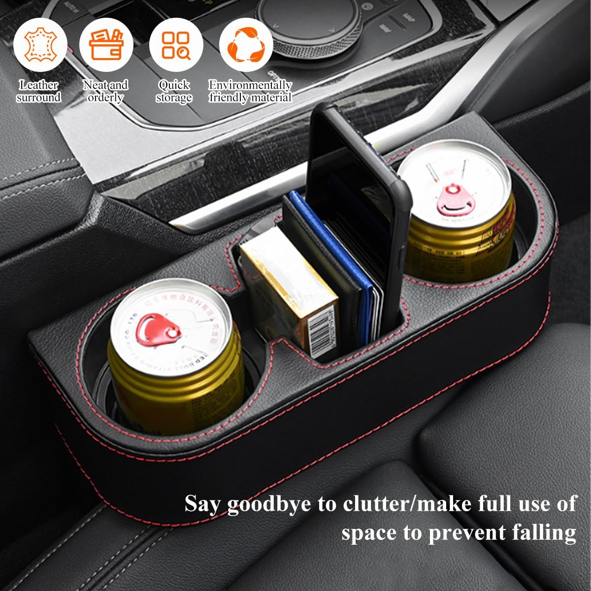 DXNQ Car Cup Holder Gap Filler Organizer, Multifunctional Auto Front Console Gap Filler with Cup Holder, Leather Extra Cup Holder Storage Box for Car Truck SUV, Car Accessories (Black/Plastic)