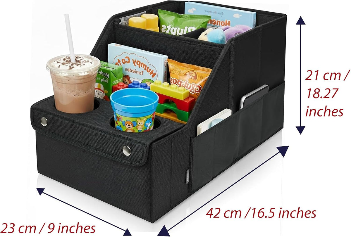 Heavy Duty Back Seat Car Organizer with 11 Adjustable Storage Compartments and 2 Collapsible Cup Holders - Car Seat Organizer for Kids, Travel, Camping & Household Storage