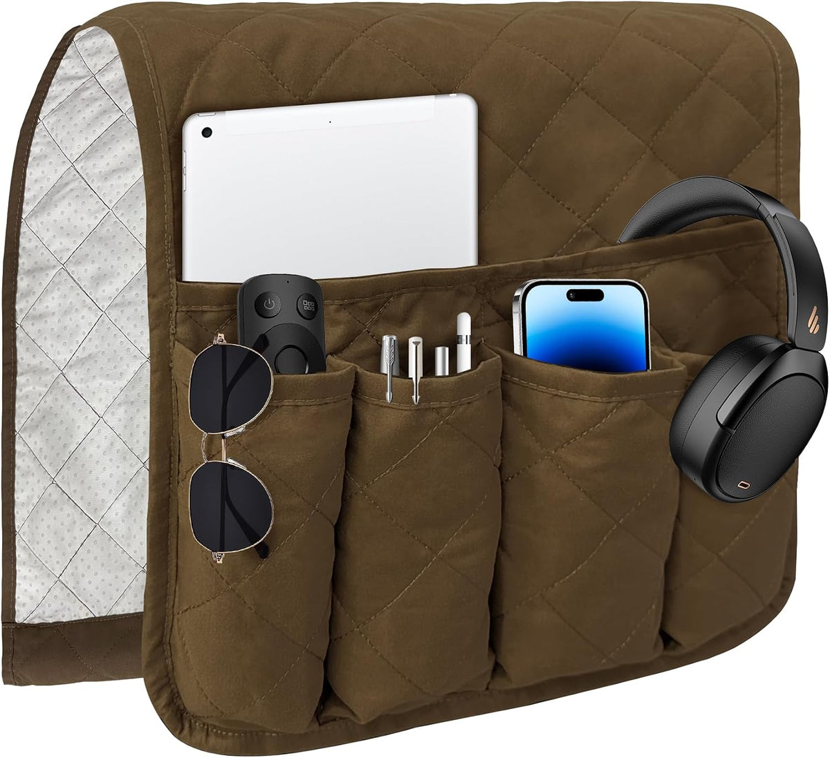MEHIDFY Sofa Armrest Caddy, Waterproof Bedside Storage Organizer, Non Slip Armchair Pockets, Remote Control Holder for Couch, Handy Pouches with 6 Pockets for TV Remote, Phone, Magazine(Grey)