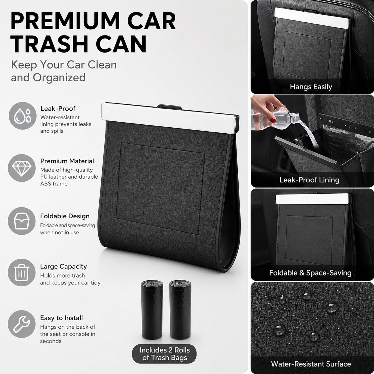 Premium Car Trash Can with Magnetic Lid, Waterproof Leakproof PU Leather Vehicle Garbage Bin, Foldable Hanging Auto Trash Bag for Seat Back Pocket, Fits Cars SUVs Trucks, Includes 2 Rolls Trash Bags