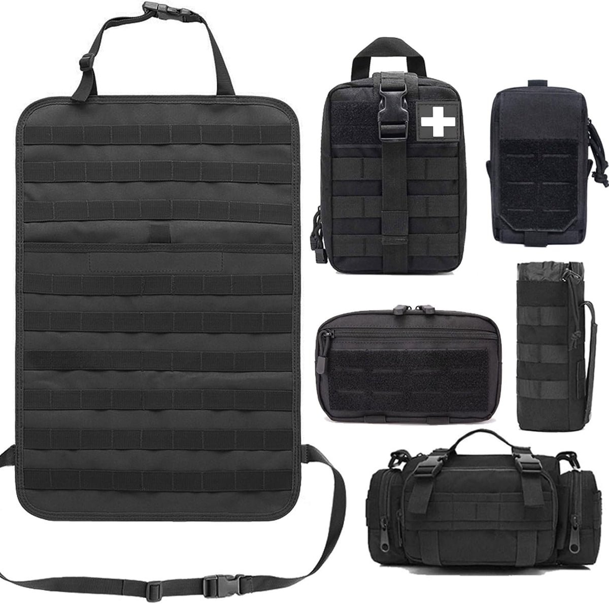 Upgrade Tactical Molle Seat Back Organizer with 5 Detachable Pouches, Universal Car Seat Back Bag Vehicle Organizers Panel Protector for Car Truck Jeep Vehicle (Black)