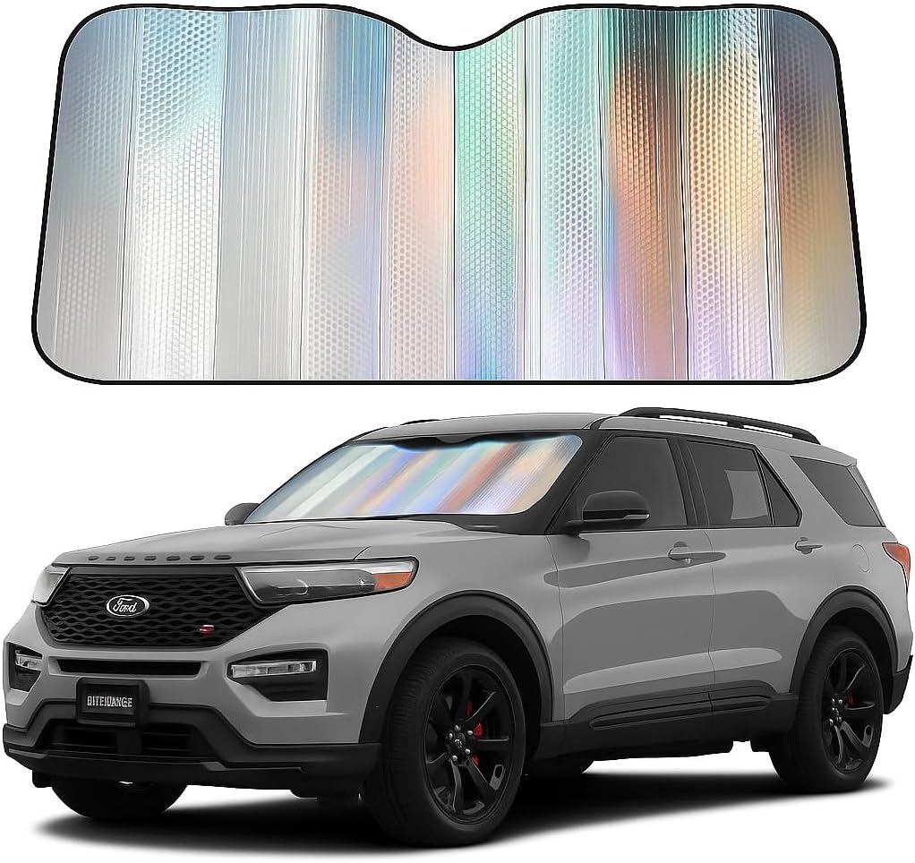 Autoamerics Holographic Car Windshield Sun Shade – Reflective Accordion Sunshade Blocks UV Rays & Heat – Front Windshield Cover for Cool Interior – Large 28 x 58 in – Universal Fit