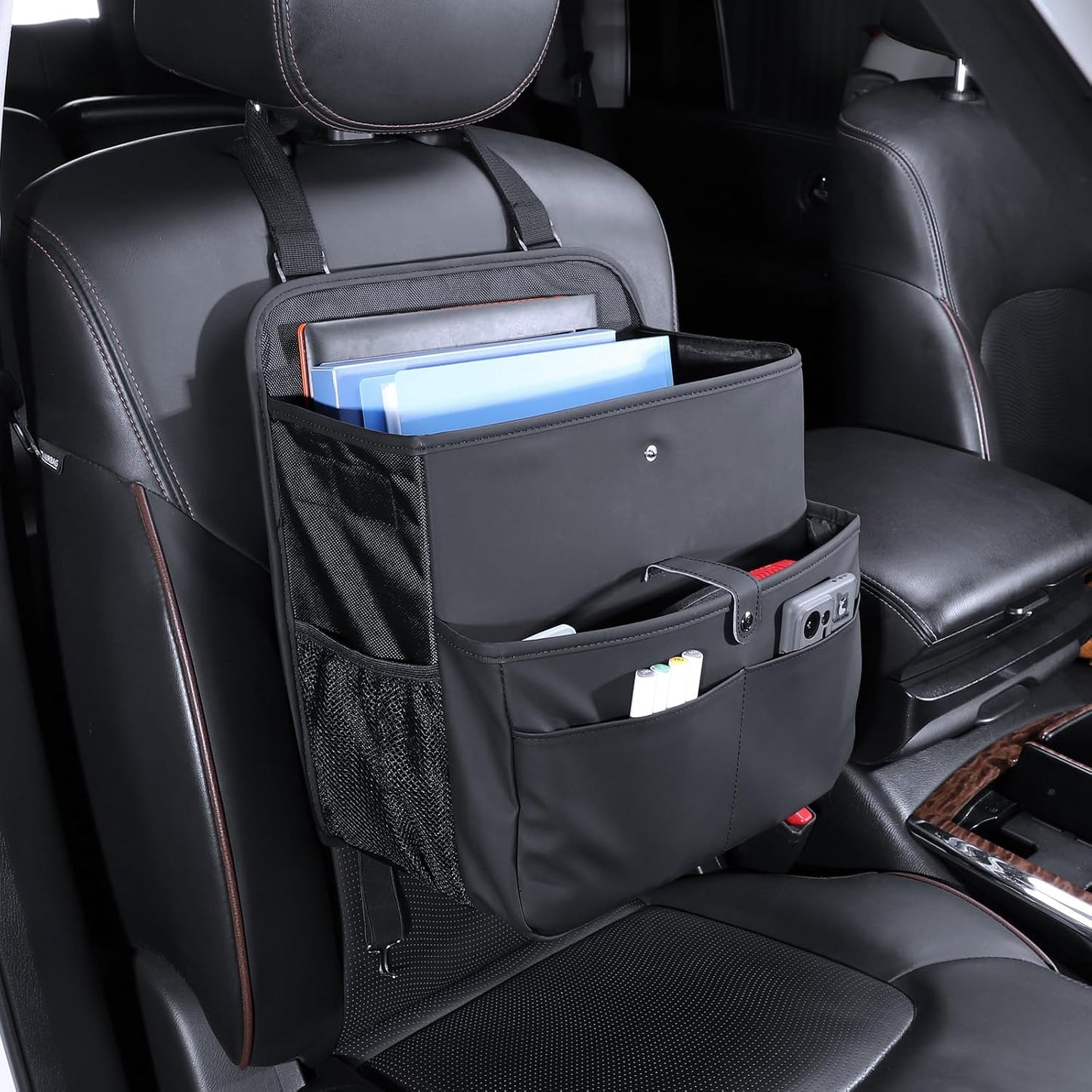TAIKOO Front Seat Car Organizer Passenger Seat Organizer for Car Truck SUV | Leather Car Seat Organizer with Large 13.8" Pocket for Laptop Tablet File Folder, Hanging Backseat Storage for Vehicle