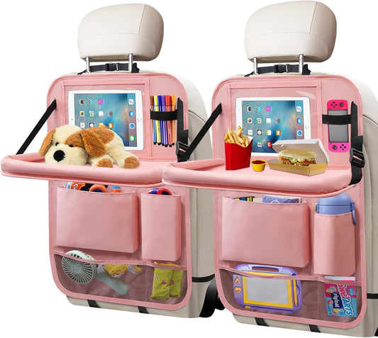 Car Backseat Organizer with Tray, Seat Back Table Holder with 6 Storage Pockets, Car Seat Back Protectors Kick Mats Travel Accessories, 2 Pack Pink