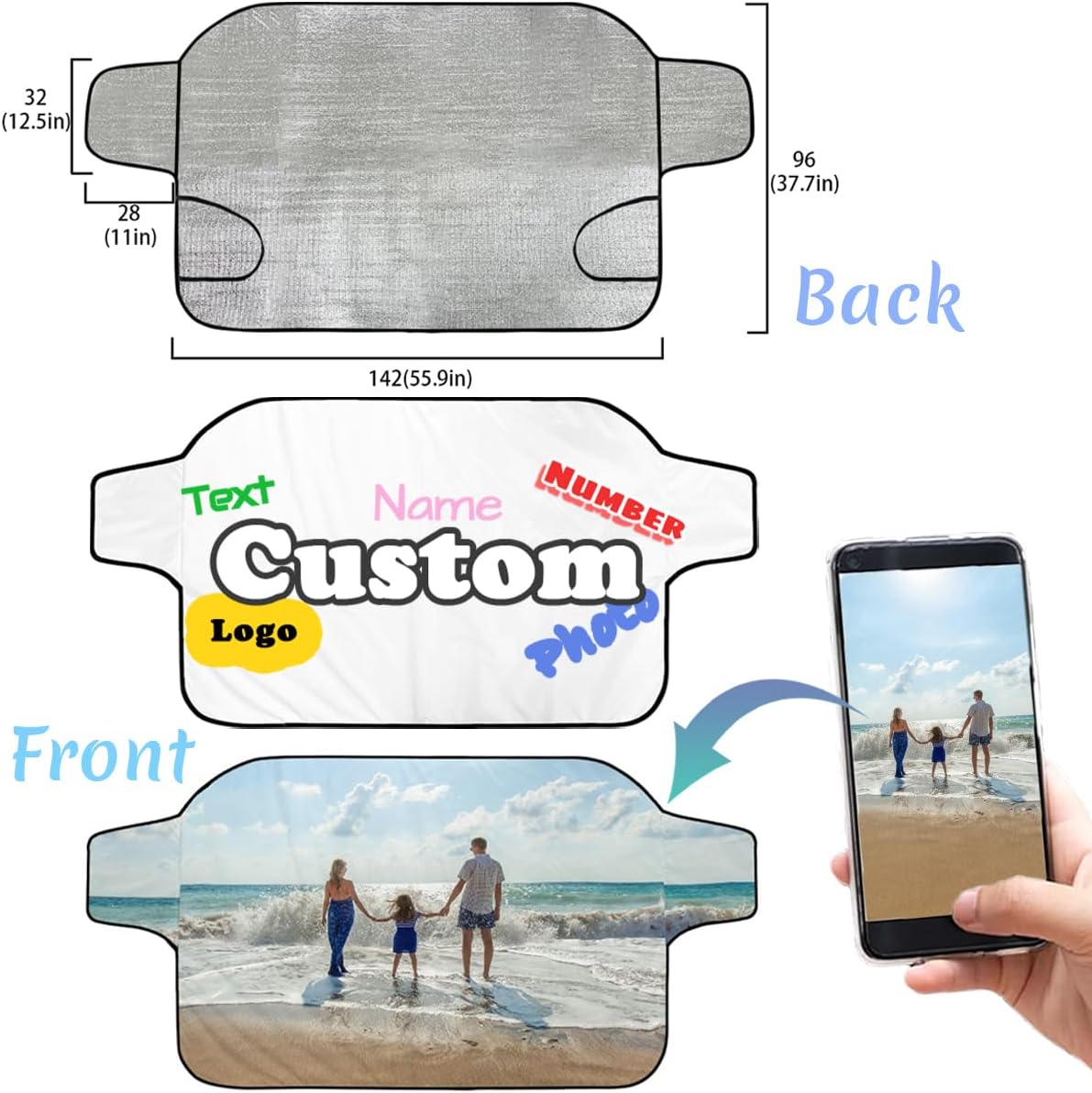 Custom Photo Windshield Snow Covers, Personalized Logo Car Windscreen Case, All Seasons Sunshade Cover, Waterproof Windproof Protection Sun Frost Ice Defense, Universal for SUV Truck Sedan Van