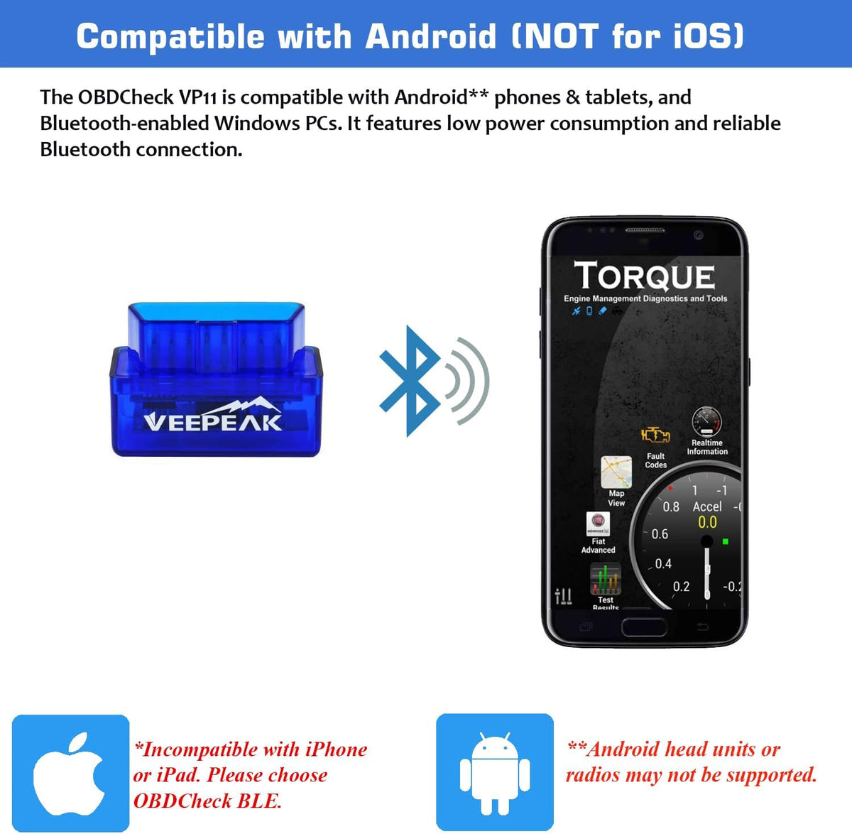 Veepeak Mini Bluetooth OBD2 Scanner Code Reader for Android (NOT for iOS)